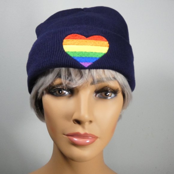 Rainbow Heart Navy Knit Beanie - Picture 1 of 7